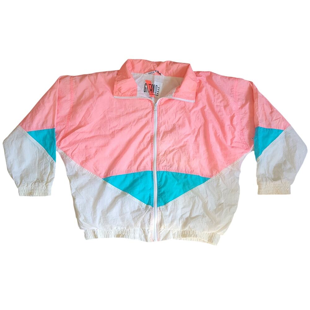 Vintage 80s Gitano Neon Windbreaker Pink White and Blue Collared Jacket Mens L